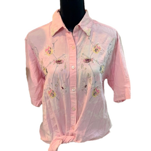 VINTAGE Acid Wash Pink Embroidered Embellished Beach Fish Button Up